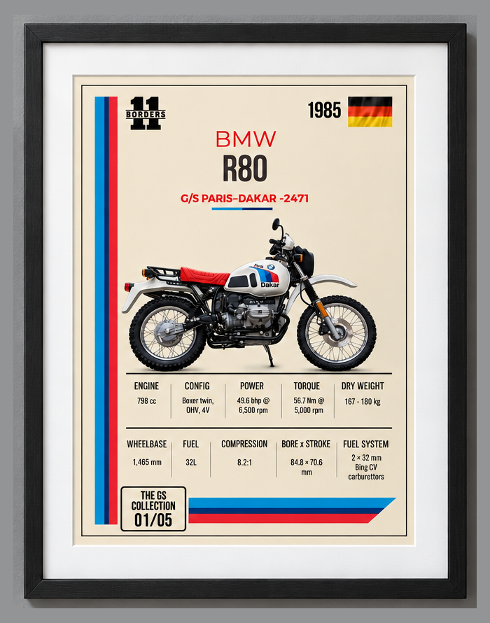 1985 BMW R80 G/S Paris-Dakar Motorcycle Art Print, A4 or A3, Unframed