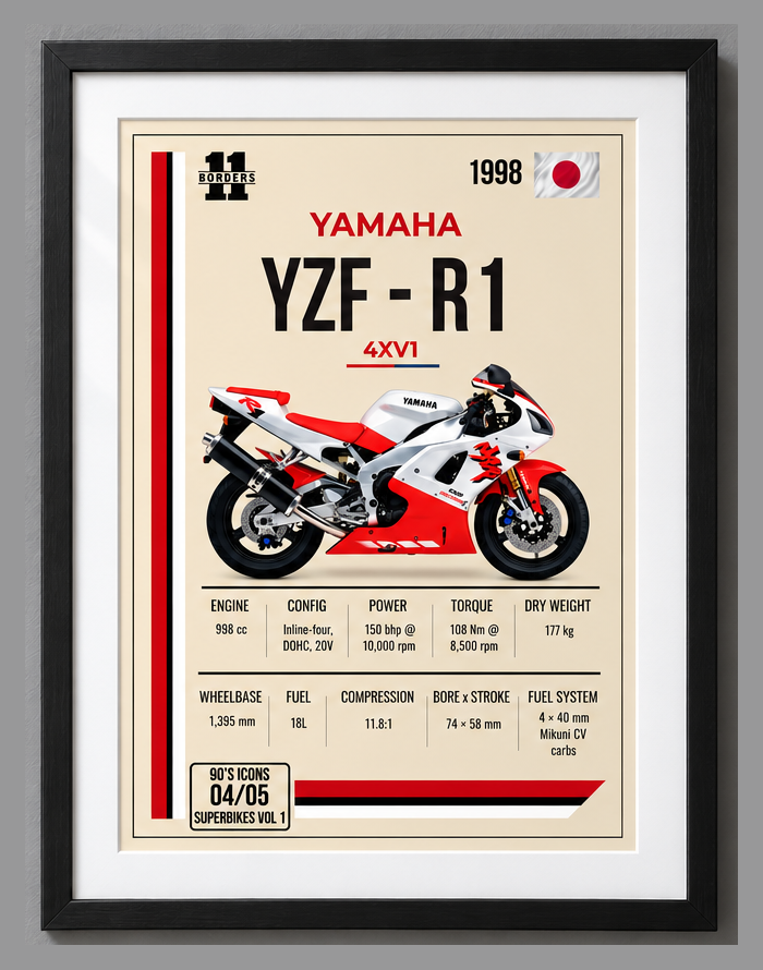 1998 Yamaha YZF-R1 Motorcycle Art Print, A4 or A3, Unframed