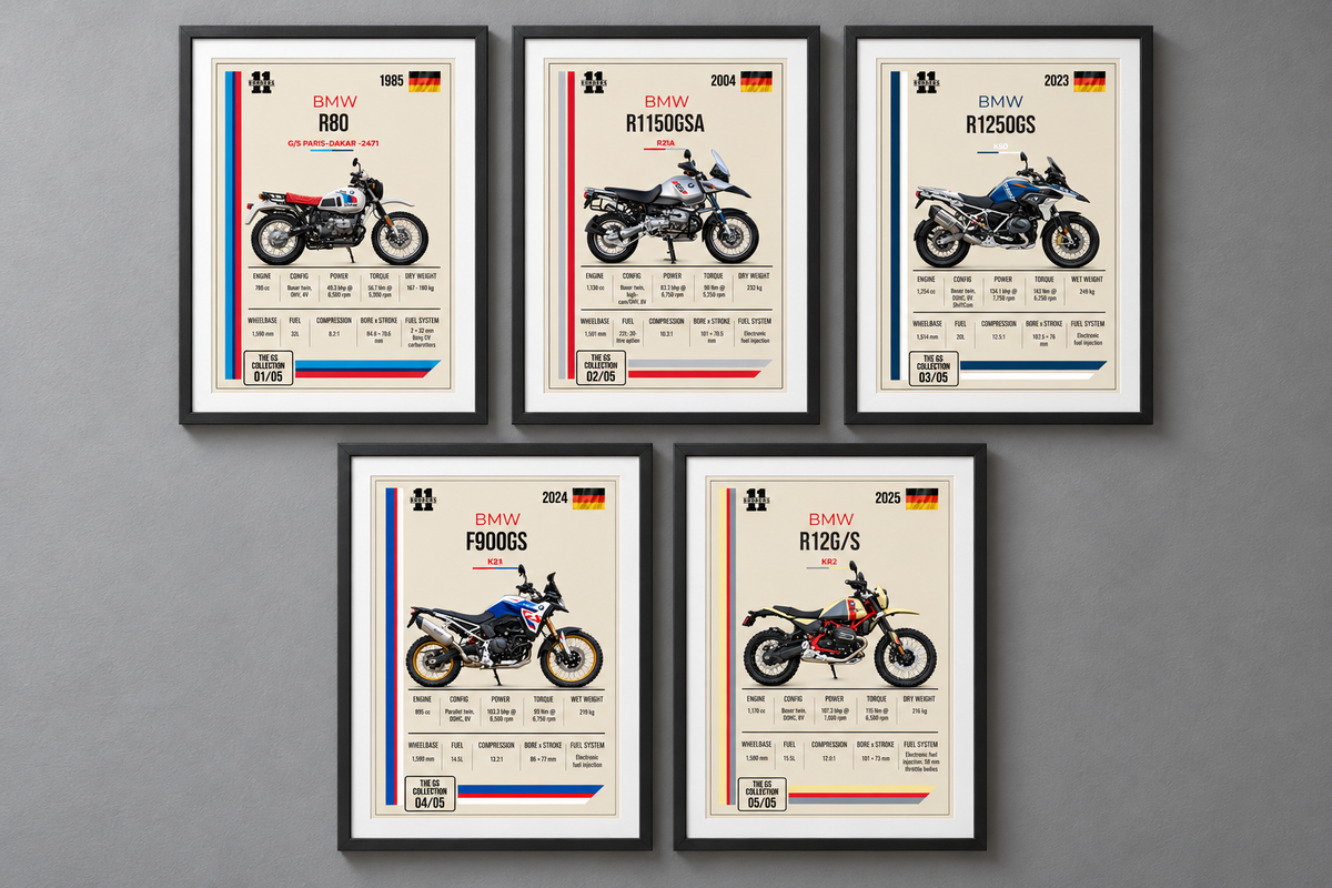 The GS Collection full set, 5 motorcycle art prints