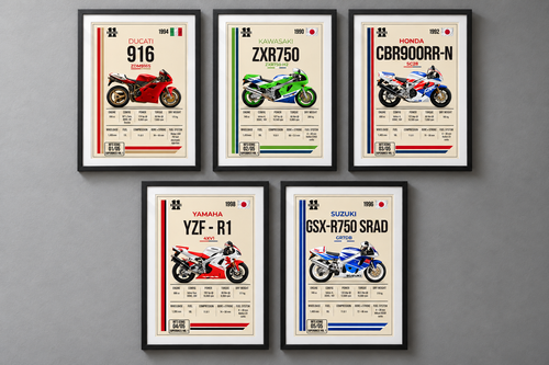 90's Icons Superbikes Vol 1 full collection, 5 motorcycle art prints
