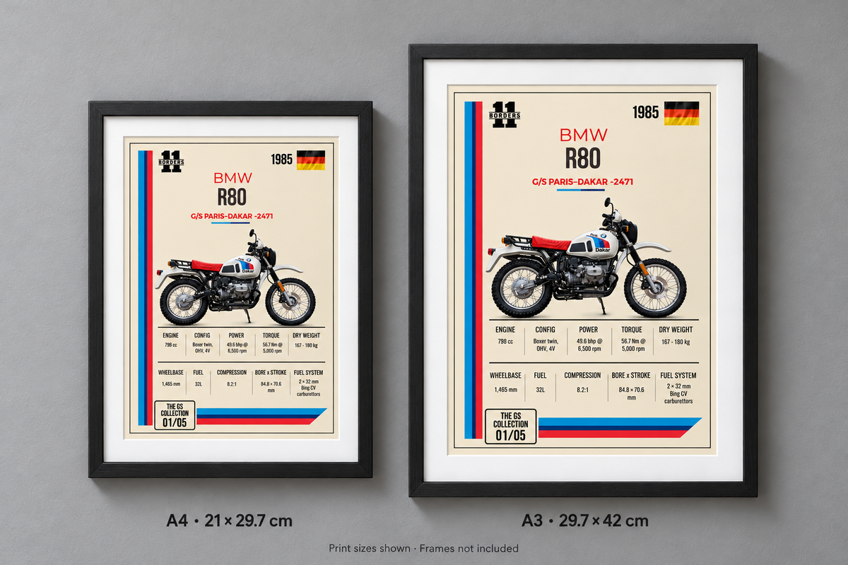 1985 BMW R80 G/S Paris-Dakar Motorcycle Art Print, A4 or A3, Unframed