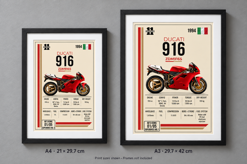 1994 Ducati 916 print, A4 and A3 size comparison