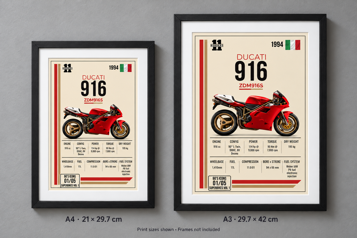 1994 Ducati 916 print, A4 and A3 size comparison
